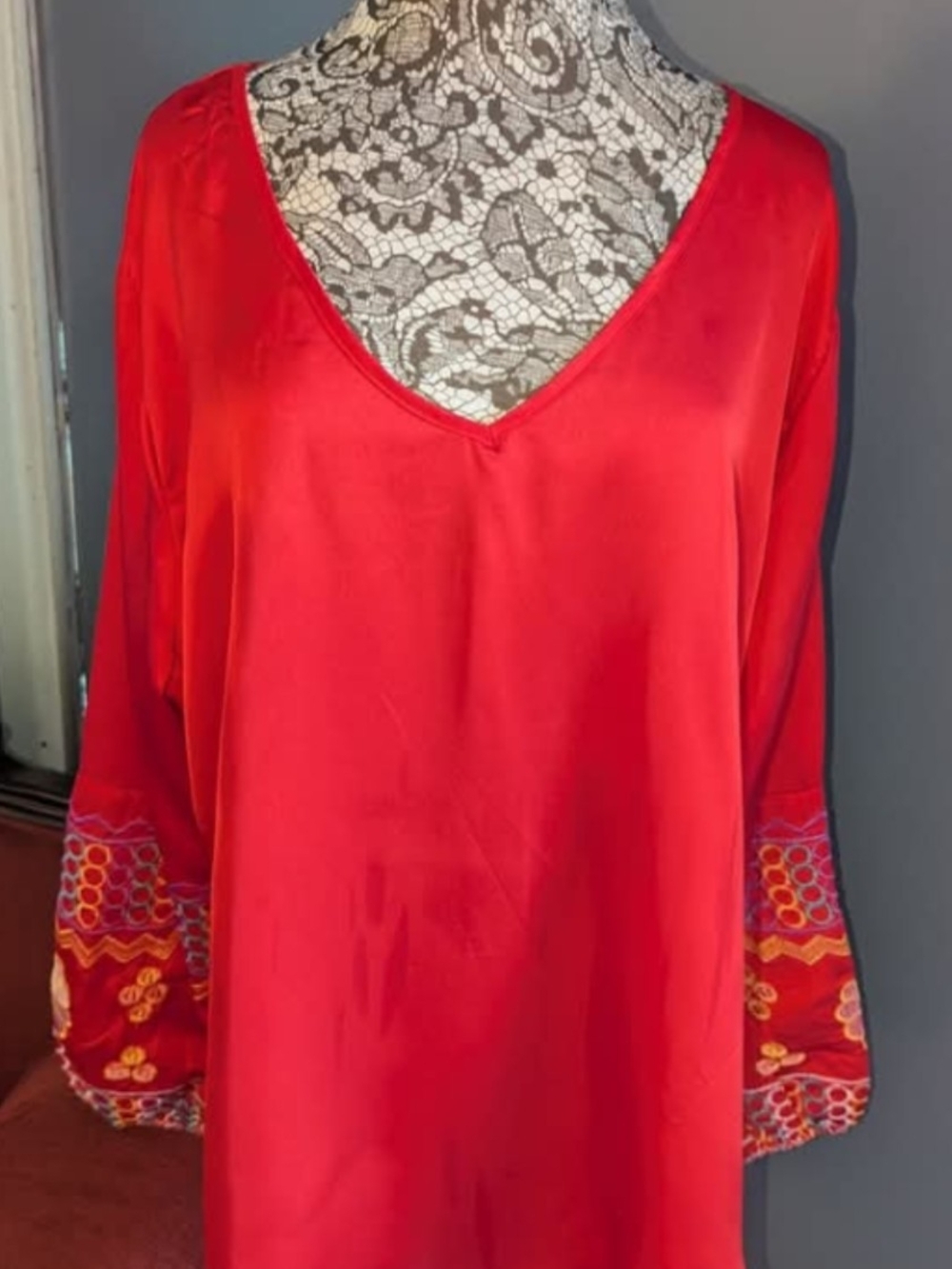 Red V-Neck Satin With Embroidered Bell Sleeves Women's Top